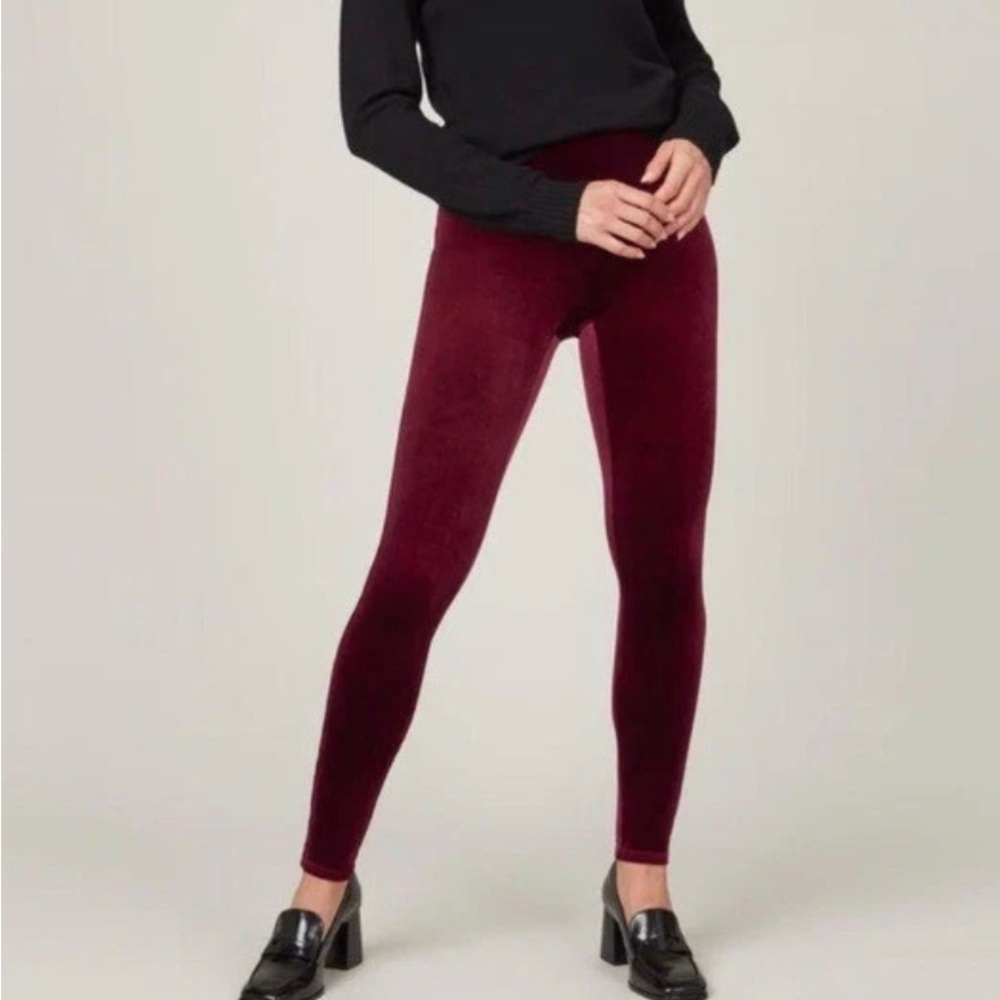 SPANX High Waisted Deep BurgundyVelvet Leggings Size L